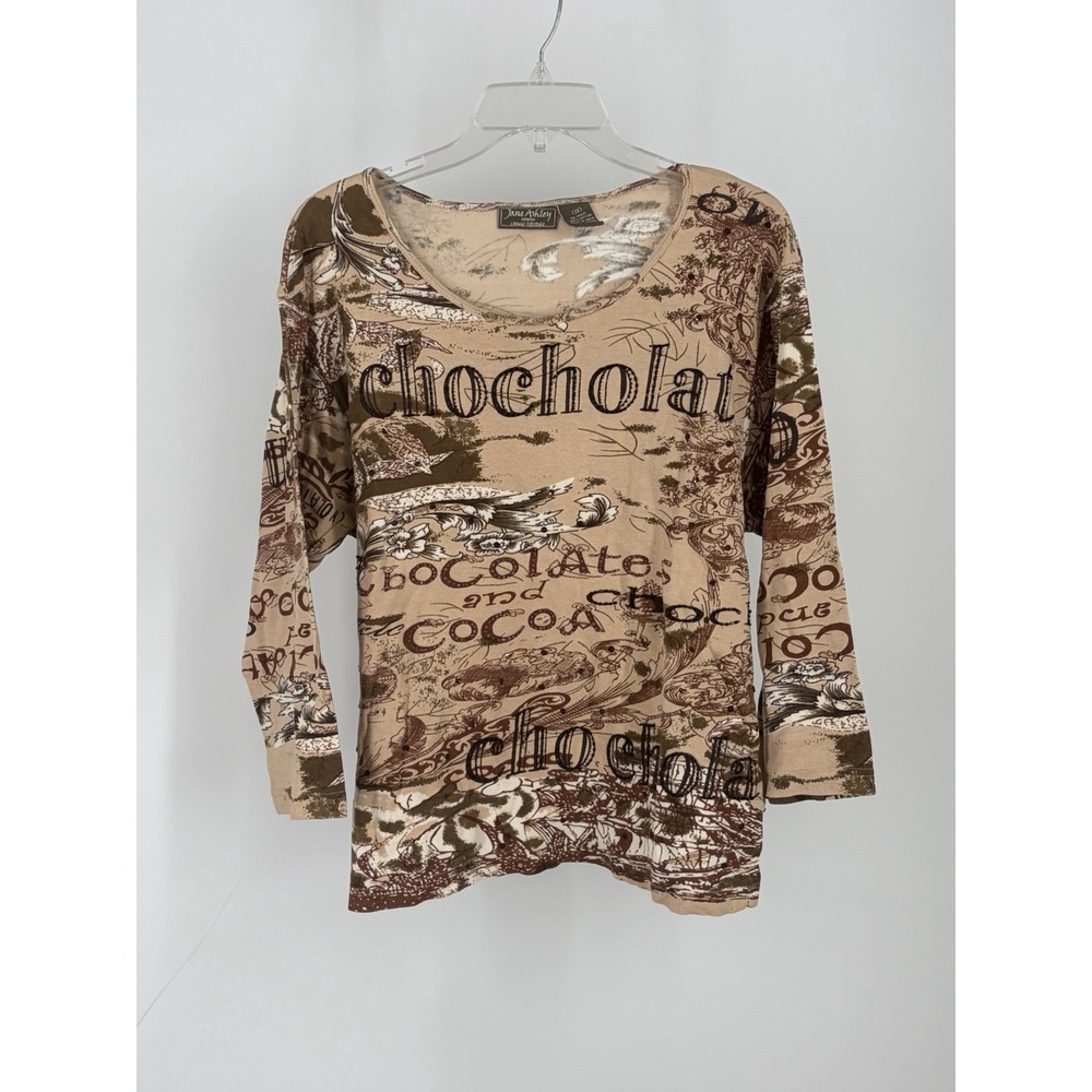 Y2K VTG Babydoll Jane Ashley 3/4 Sleeve Shirt Embellished Chocolate Cafe 1X